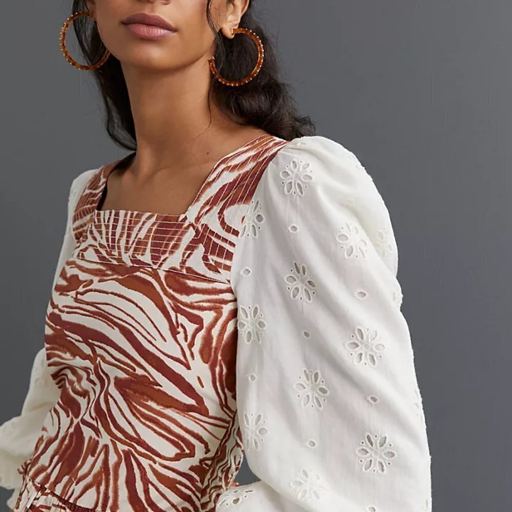 Anthropologie Love the Label eyelet smock puff sleeve top - Picture 3 of 16